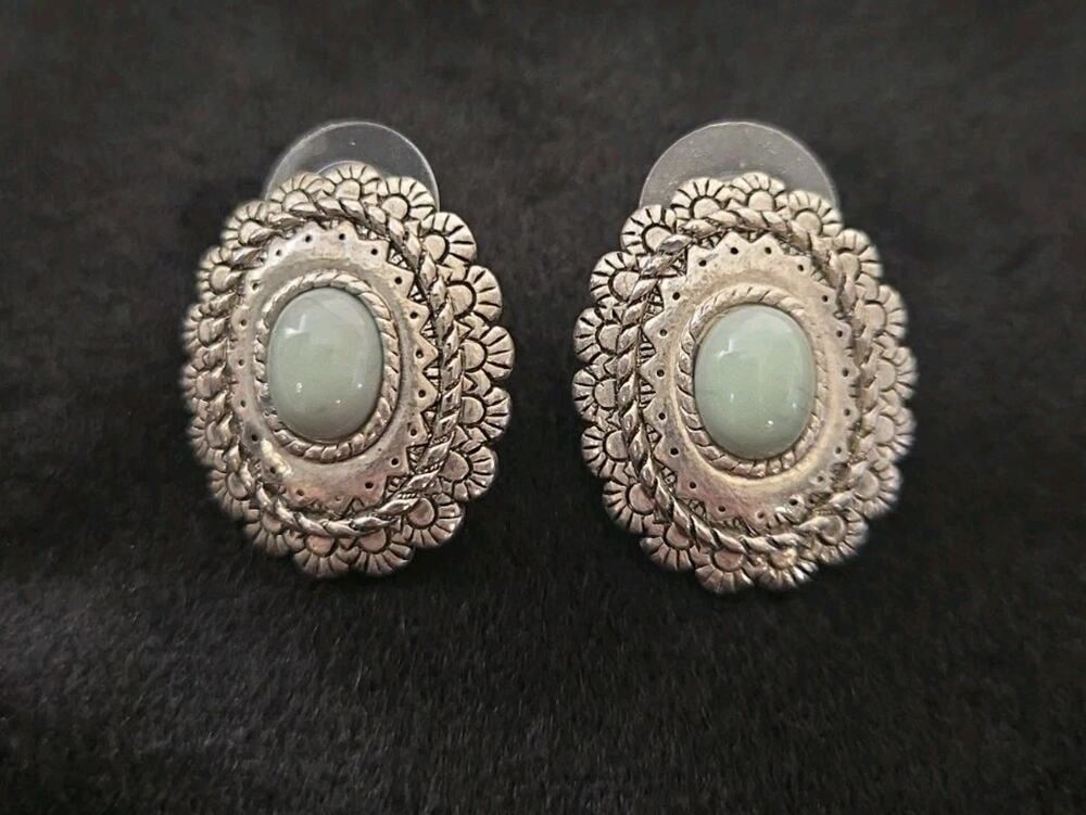 Vintage Silver Tone Pale Aqua Cabochon Post Earrings Western Boho Floral